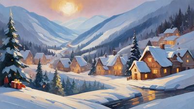 The primary subject of the image is a snow-covered village with houses and trees. The setting is a mountainous area with a snowy landscape. The visual style is an illustration or painting, giving the scene a warm and cozy atmosphere. The dominant colors are white and shades of brown, reflecting the snow and the village's wooden structures.